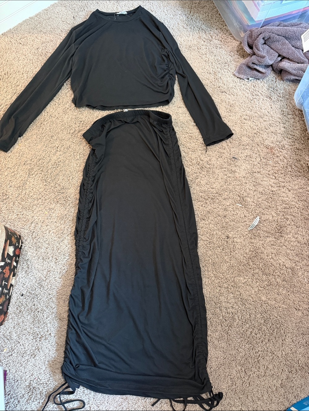 Black Long-Sleeve Ruched Crop Top & Maxi Skirt Set